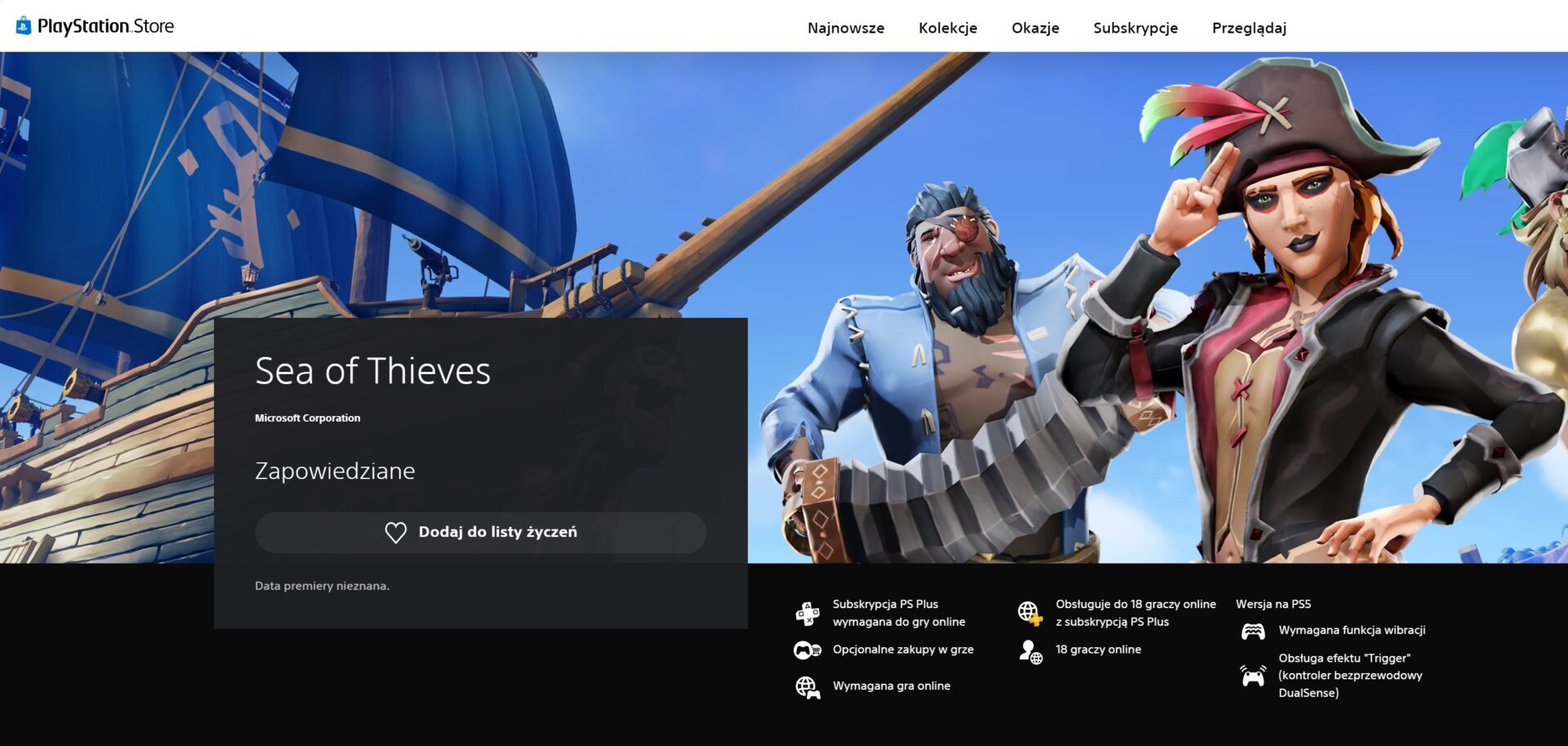 Zdjęcie okładkowe wpisu Sea of Thieves na PS5 z obsługą efektu „Trigger” w DualSense